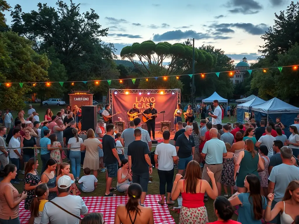 A dynamic image of a SCHIZOID RECORDS-sponsored cultural event, featuring a diverse audience enjoying a musical performance in a public space.