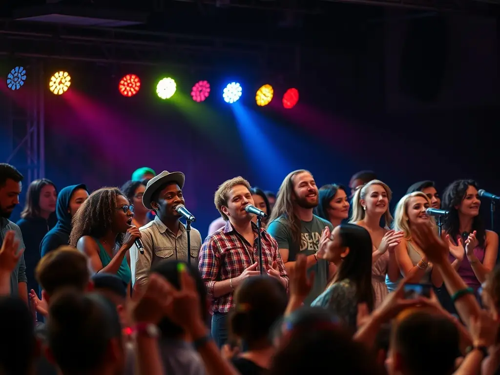 An inspiring image of a diverse group of artists performing on stage during a community event organized by SCHIZOID RECORDS, showcasing the vibrant energy and collaborative spirit of the organization.