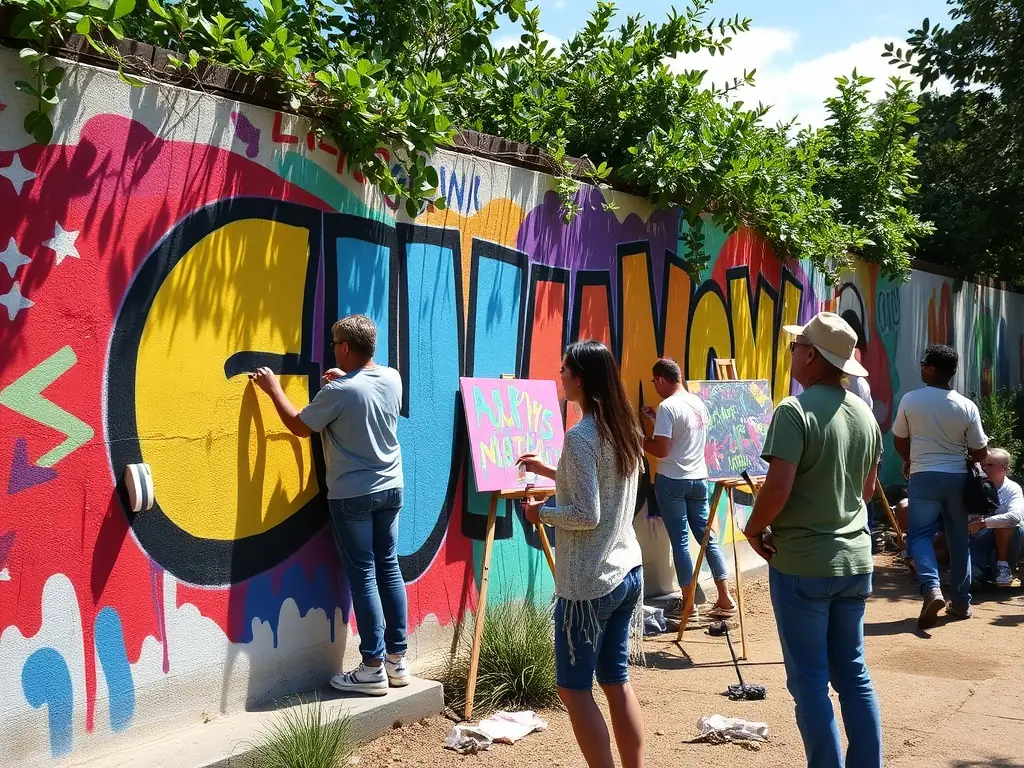 A vibrant mural being painted by local artists in a community space, showcasing the collaborative spirit and artistic expression fostered by SCHIZOID RECORDS.