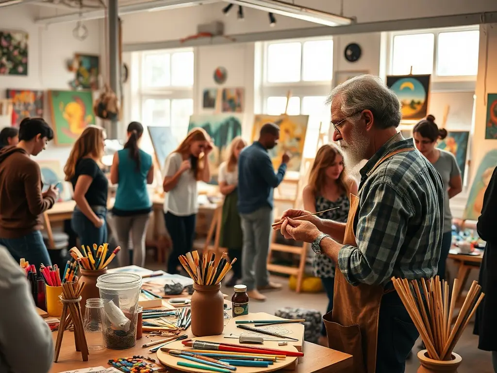 A photograph capturing a workshop session at SCHIZOID RECORDS, where artists are actively engaged in learning new techniques and collaborating on creative projects.