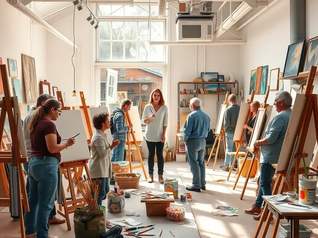 A workshop session where young artists are learning new techniques from experienced mentors, highlighting SCHIZOID RECORDS' commitment to artistic development.