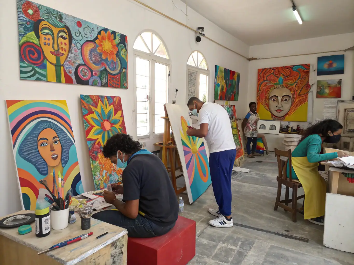 A dynamic image of an art workshop in progress, featuring participants of various ages and backgrounds engaged in creative activities, highlighting the inclusive and educational aspect of SCHIZOID RECORDS' workshops.
